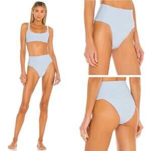 L*SPACE Eco Chic Desi Classic Bikini Bottom Sky Blue Ribbed High Waist XS NEW